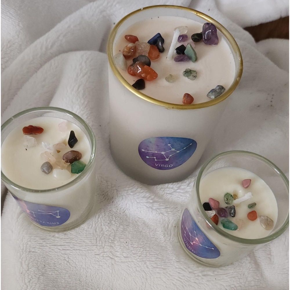 Crystal infused, zodiac, soy candles, on natural
